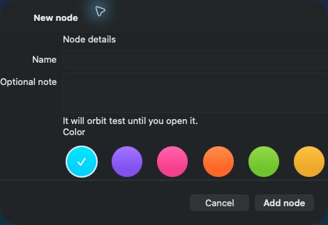 BareMind node editor with name, note, and color options
